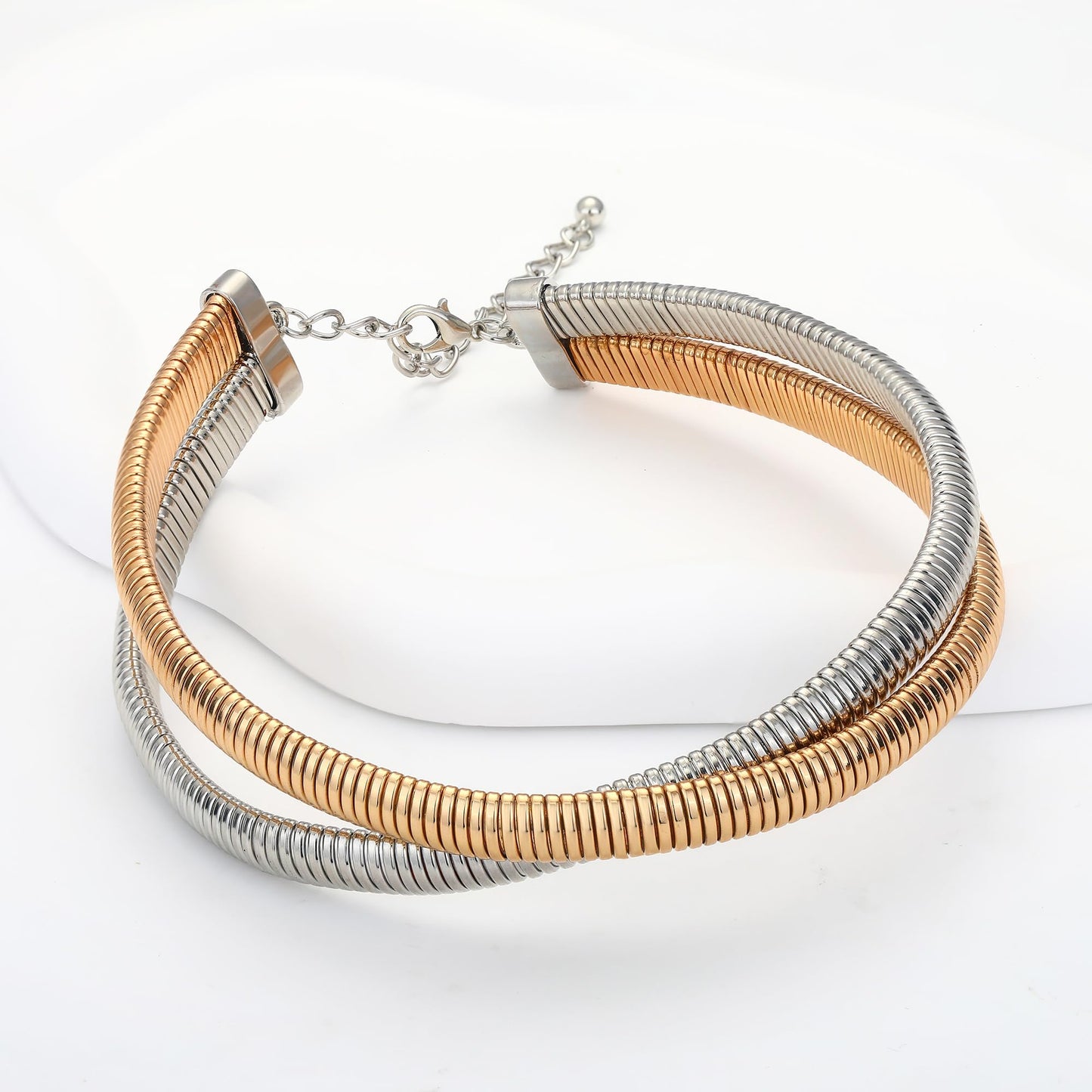 BONJOULRY Chunky Gold 2 Layered Choker Necklace for Women Trendy, 14K Gold Plated Twisted Snake Chain Statement Necklace Multi Layering Necklaces Jewelry Gifts Two Tone