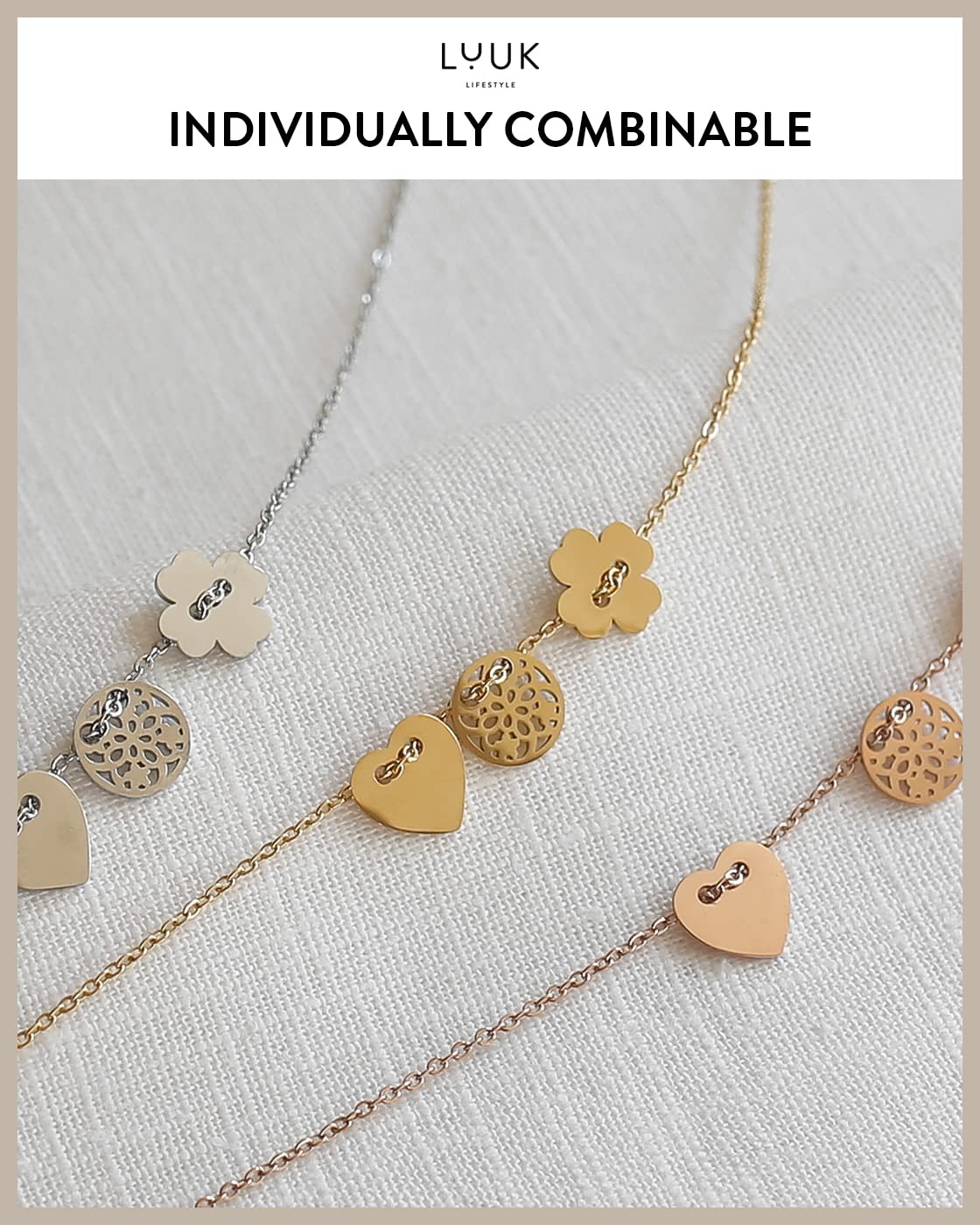 LUUK LIFESTYLE Stainless steel necklace for women, with four-leaf clover, mandala and heart pendants, lucky charms, with HAPPINESS gift card, fine design for attractive look, silver