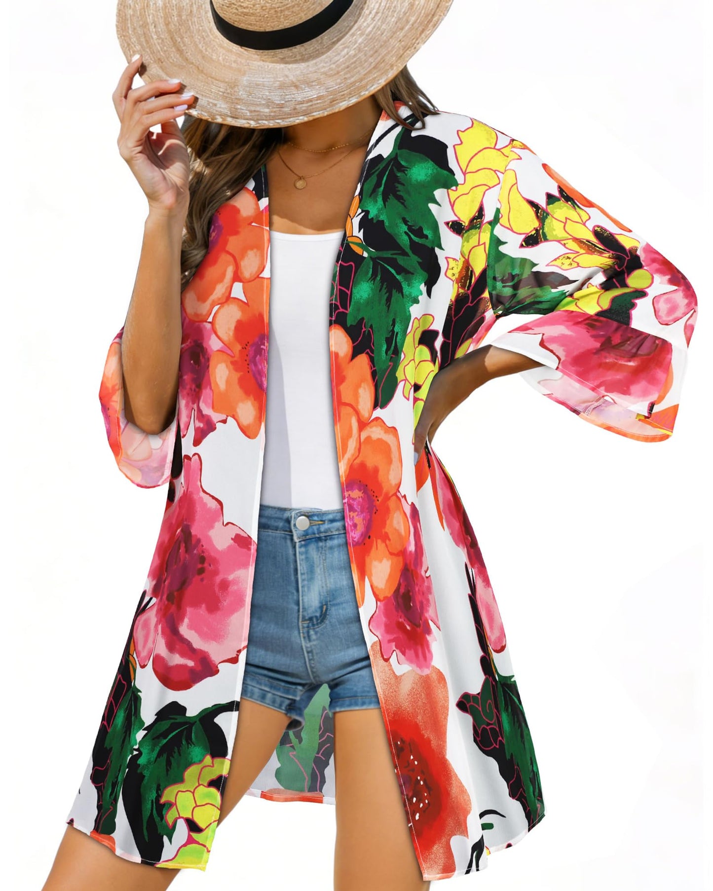 Summer Kimono for Women Cardigan Ruff Sleeve Shirts Chiffon Casual Bathing Suit Cover Up Tops (Pink Rose, L)