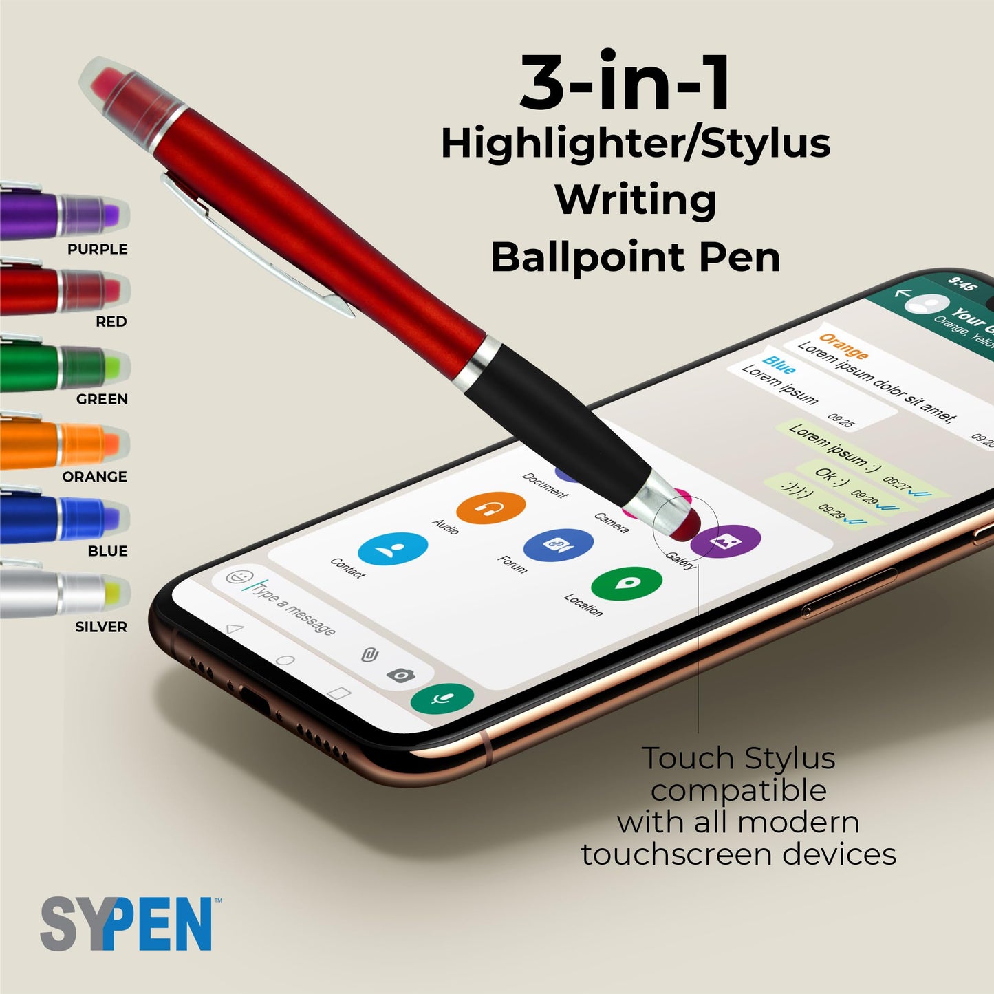 SyPen Personalized Pens with Gel Highlighter and Stylus -200 Pack Bulk-Free Imprint - 3 In Bible Highlighter No Bleed, Ballpoint Pen, and Stylus Combo- add Custom Name, Logo or Gift Message- Silver