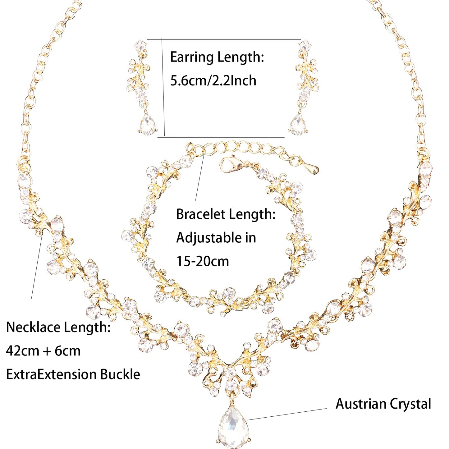 Enrwin 3Pcs Austrian Crystal Jewelry Set for Women, Necklace Dangle Earrings Link Bracelet with Gold/Platinum/Gun Plated, Wedding Party Bridal Bridesmaid (White-Gold Plated)