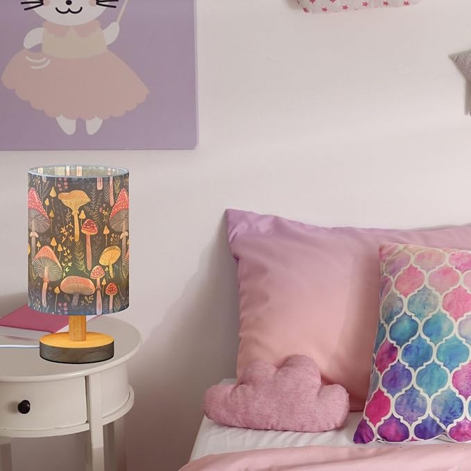 Fustylead Boho Mushroom Navy Blue Table Lamp for Bedroom USB Port Lamps Small Accent Table Lamp Nightstand Lamp Sturdy Linen Shade Wooden Base Decorative Lamps for Bedside Reading|Kids|Dorm|Home