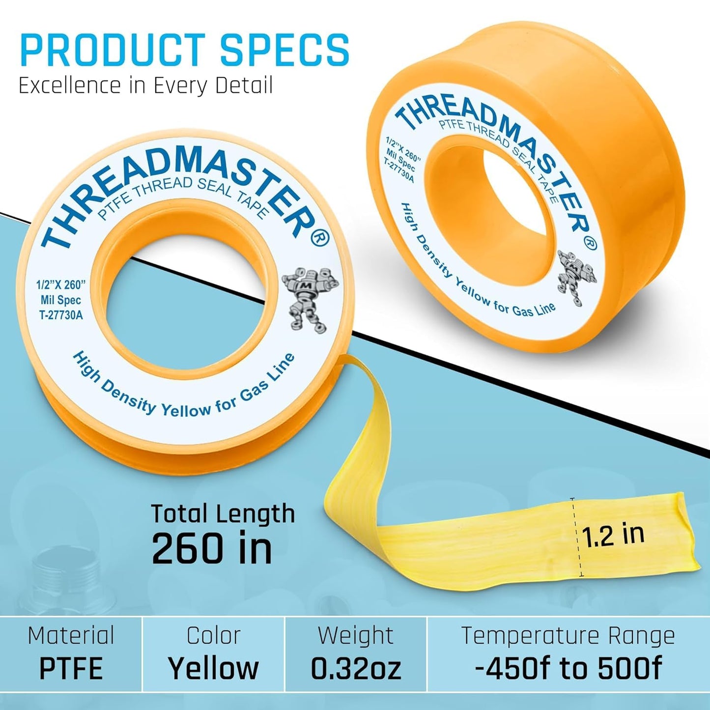 TAPEWELL Yellow Gas Teflon Tape, Pipe Thread Sealant, 260" Length 1/2" Width, for Propane, Natural Gas, & More, Pack of 2 (6)