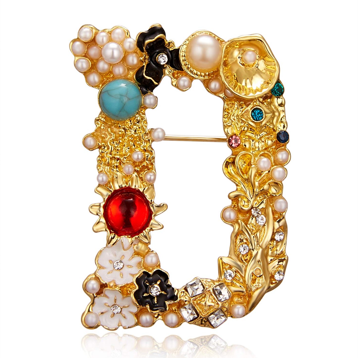 RINHOO Crystal Pearl Initial Brooch Gold Plated Enamel Colorful Letter Alphabet Breastpin Pin Jewelry for GIFTS (Letter -D)