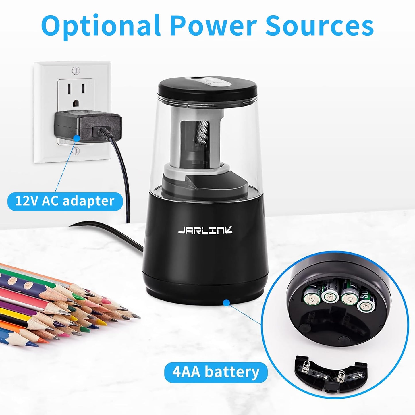 JARLINK Electric Pencil Sharpener, Heavy-Duty Helical Blade to Fast Sharpen, Auto Stop for No.2/Colored Pencils(6-8mm), AC Adapter/Battery Operated in School Classroom/Office/Home (Black)