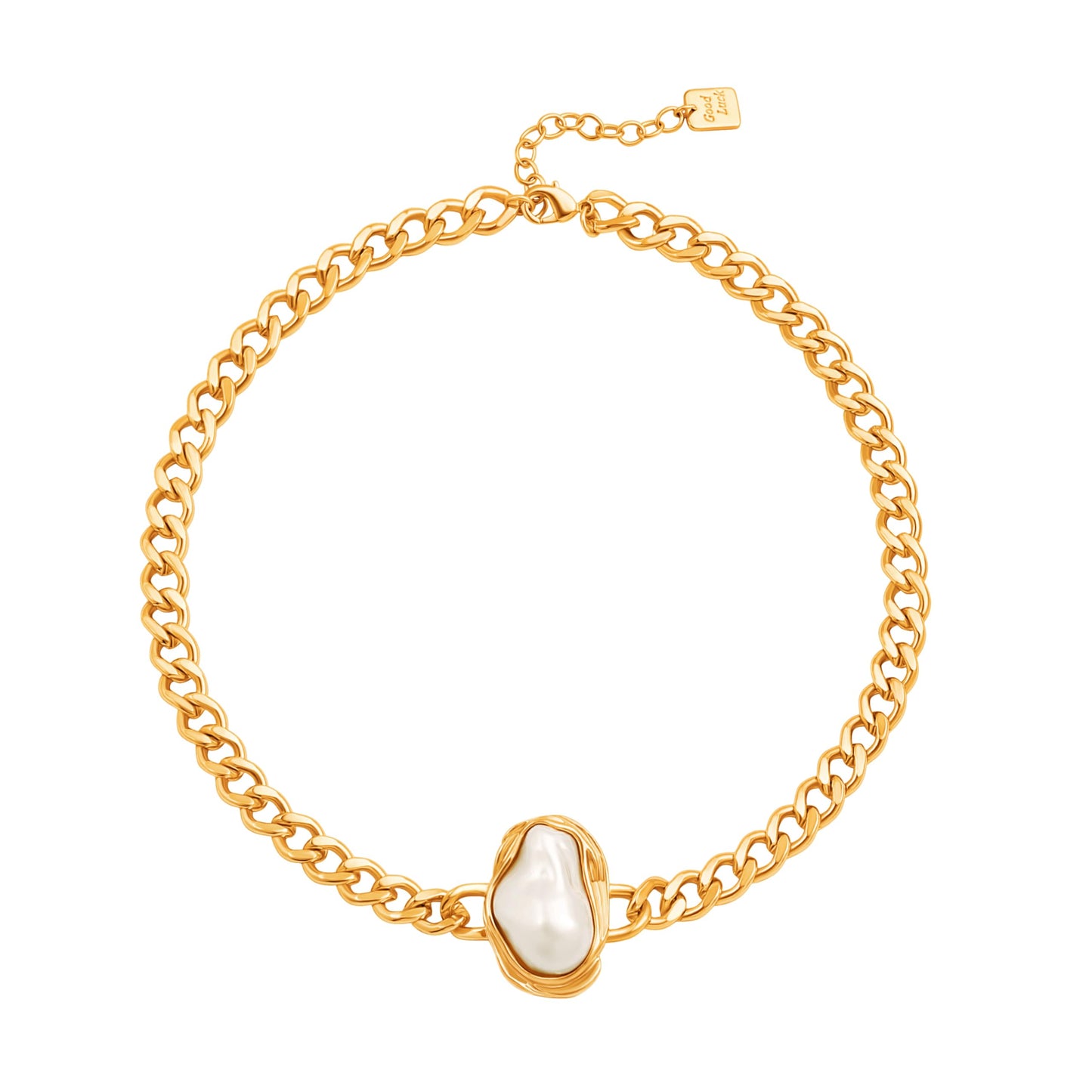Chunky Gold Plated Baroque Pearl Necklace, Statement Cuban Chain Choker Necklace for Women