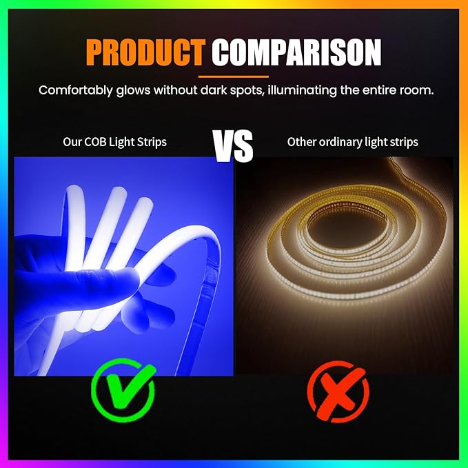 KISUFU 12V DC COB LED Strip, 320 LEDs/m Waterproof IP68 Flexible Neon Light Strip for Living Room, Bedroom, Kitchen, DIY Outdoor Party, Holiday Decoration. (Without Power Adapter)