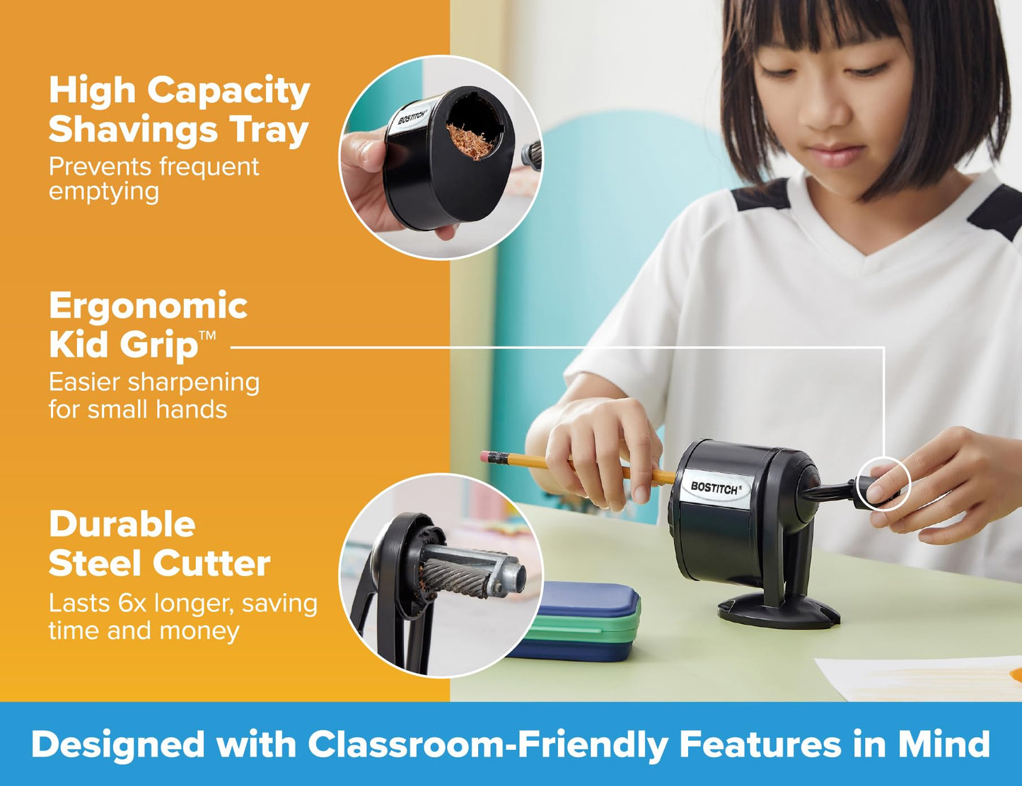 Bostitch Office Wall Mount Manual Pencil Sharpener, 8 Hole Dial, 6X Longer Cutter Life, Vertical or Horizontal Mounting, Black