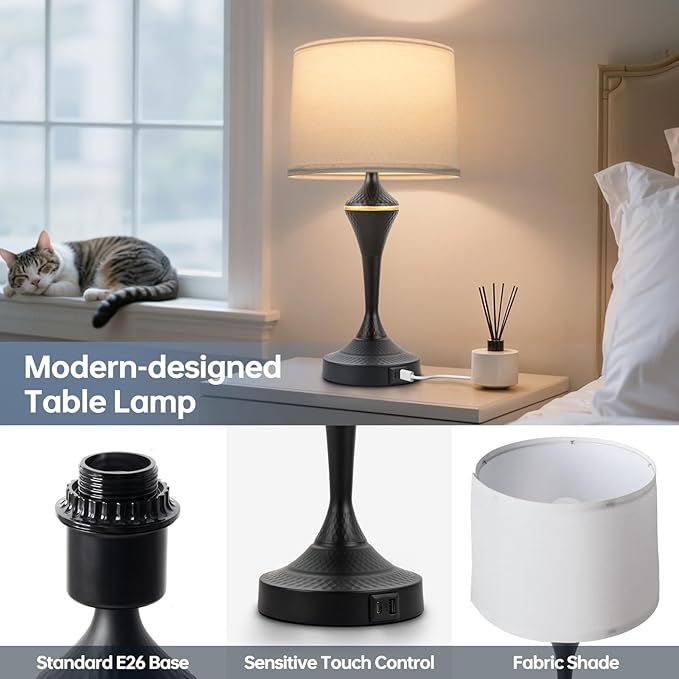 2 Pack Modern Touch Control Table Lamps with USB-C & USB-A Ports, 3-Way Dimmable Bedside Lamps, E26 Base Bulbs Included, for Bedroom Living Room, (Black)