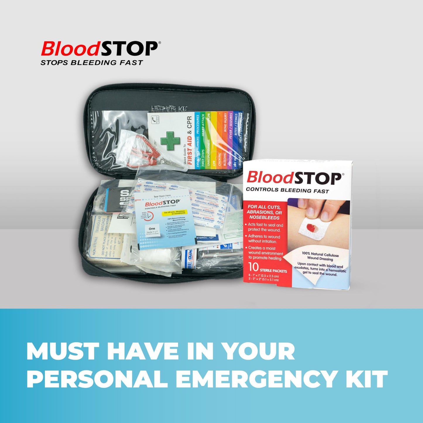 BloodSTOP-Hemostatic Dressing: Controls Bleeding Fast, Natural, Plant-Based Wound Dressing, Cuts, Road Rash, Abrasions, Nosebleeds, Bleeding Control Kit, Stop the Bleed Kit - Safe for All Ages, 10 Ct