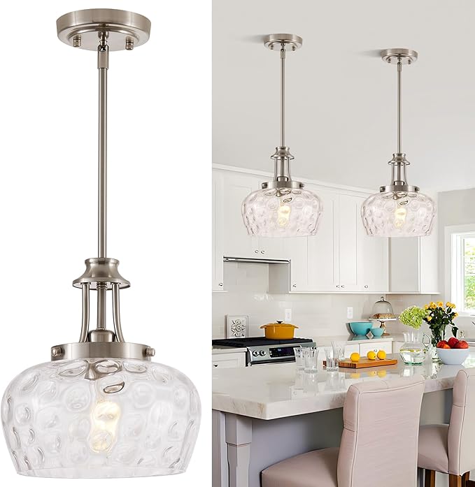 Modern Pendant Lights Kitchen Island, Brushed Nickel Pendant Light Fixtures with 10" Clear Hammered Glass Shade, Industrial Hanging Pendant Lights Fixture for Kitchen Island Dining Room Bedroom Foyer