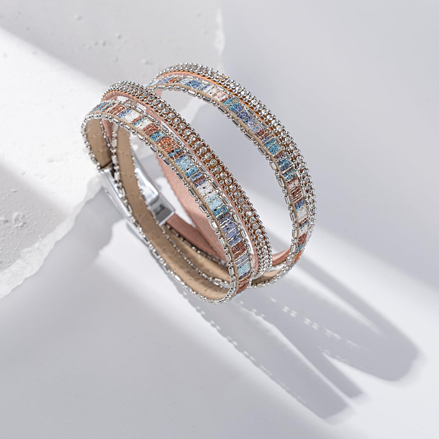 FANCY SHINY Boho Leather Wrap Bracelet Stackable Crystal Rhinestone Bangle Cuff with Magnetic Clasp Trendy Bohemian Jewelry for Women(Bronze)
