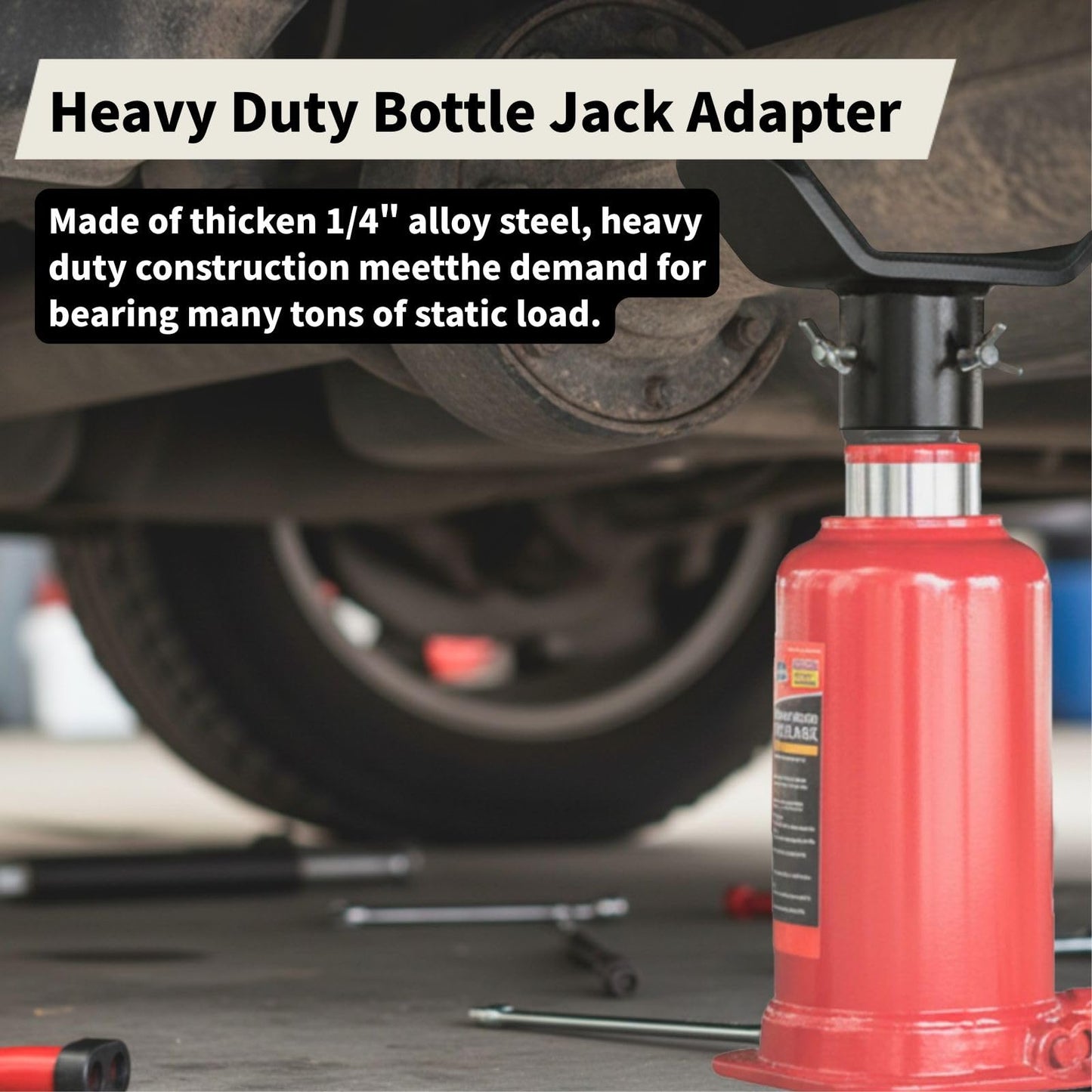 Adjustable Bottle Jack Adapter with Triple-Lock, Secure Wobble-Free Fit for 2T-12T Bottle Jacks, Heavy Duty 1/4" Steel Saddle for 3" & 4" Axle Tubes on RV, Truck, Trailer