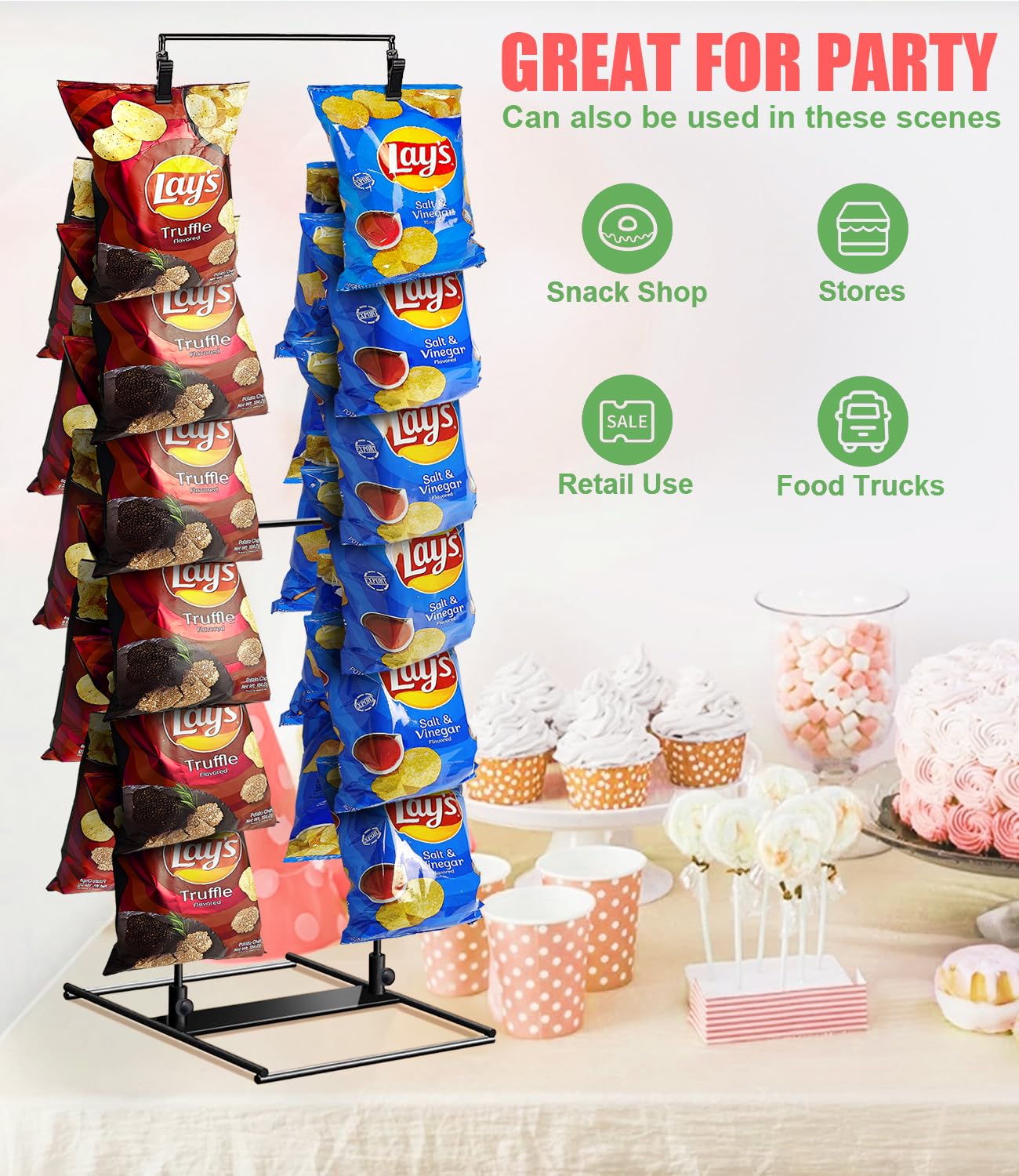ROSROSE Chip Rack Display Stand 2 Pack, Potato Chip Display Rack with 24 Clips, 2 Row Chip Bag Holder for for Party Display, Snack Retail Display Rack Chip Stand Display for Countertop Store, Black