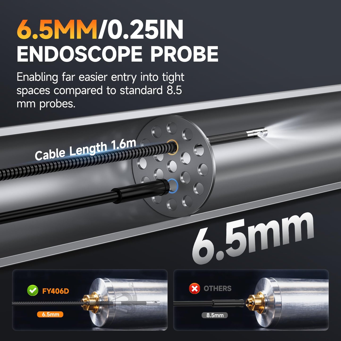 FOXWELL Dual Lens Articulating Borescope, 0.25in Slim 220° Two-Way Endoscope Camera with LED Light, IPS HD Screen, IP67 Waterproof Snake Camera for Automotive, Pipe, Wall & Engine Inspection – 5.3FT