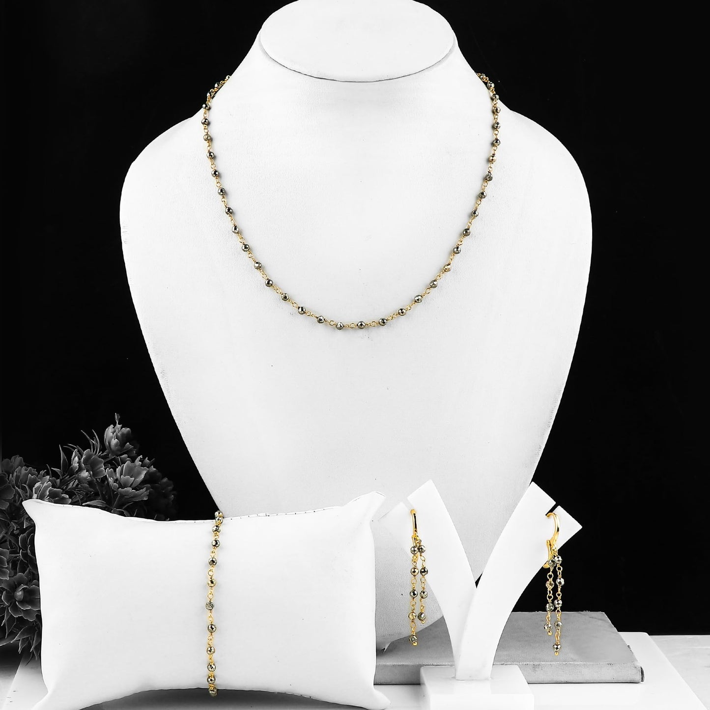CRYSTALINES (3pcs) Natural Pyrite Gemstone Cluster Jewelry Combo Set, 14K Gold Plated, Crystals Beads Rosary Chain, Handmade Bohemian Jewelry - Bracelets, Necklace, Earrings for Women