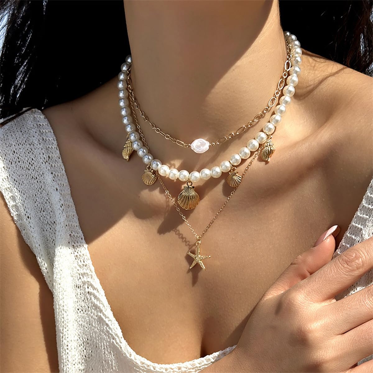 Boho Multi-layered Shell Starfish Necklace Layered Pearl Pendant Choker Necklace Fashionable Clavicle Chain Necklace Seaside Beach Vacation Jewelry for Women (Starfish2)