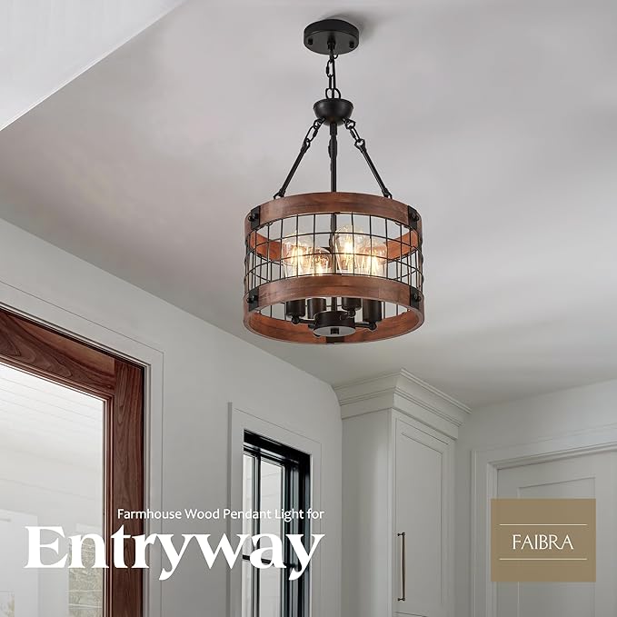 4-Light Farmhouse Drum Wood Pendant Light,14.5'' Vintage Rustic Brown Oak Wood Chandeliers,Retro Industrial Hanging Light Fixtures for Dining Room Entryway, Bedroom