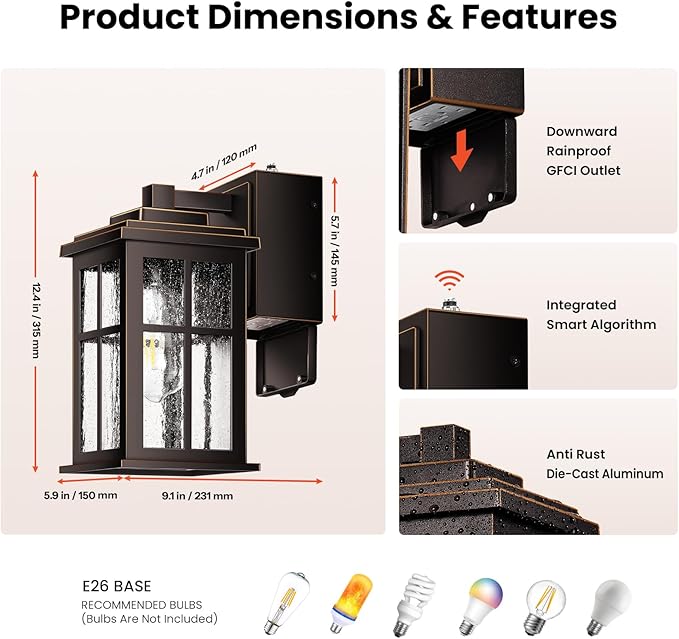 Gleamz Outdoor Porch Light with GFCI Outlet, Oil Rubbed Bronze Gold Trim Farmhouse Exterior Lighting Fixtures with Outlet for House, Waterproof Outdoor Wall Sconce, Anti-Rust Aluminum Outside Light