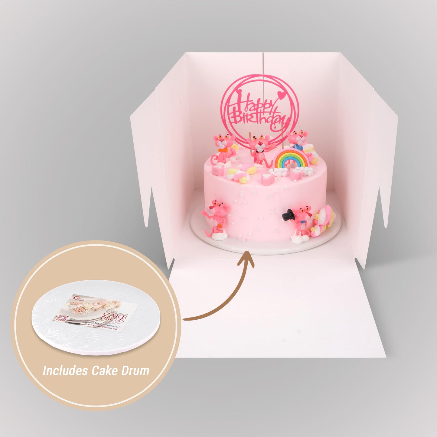 Cakebon Cake Boxes with Drums - 8 Inch Round White Cake Boards/Base para Pasteles (3-Pack) - Caja para Pasteles with Window for Birthdays, Weddings and Parties