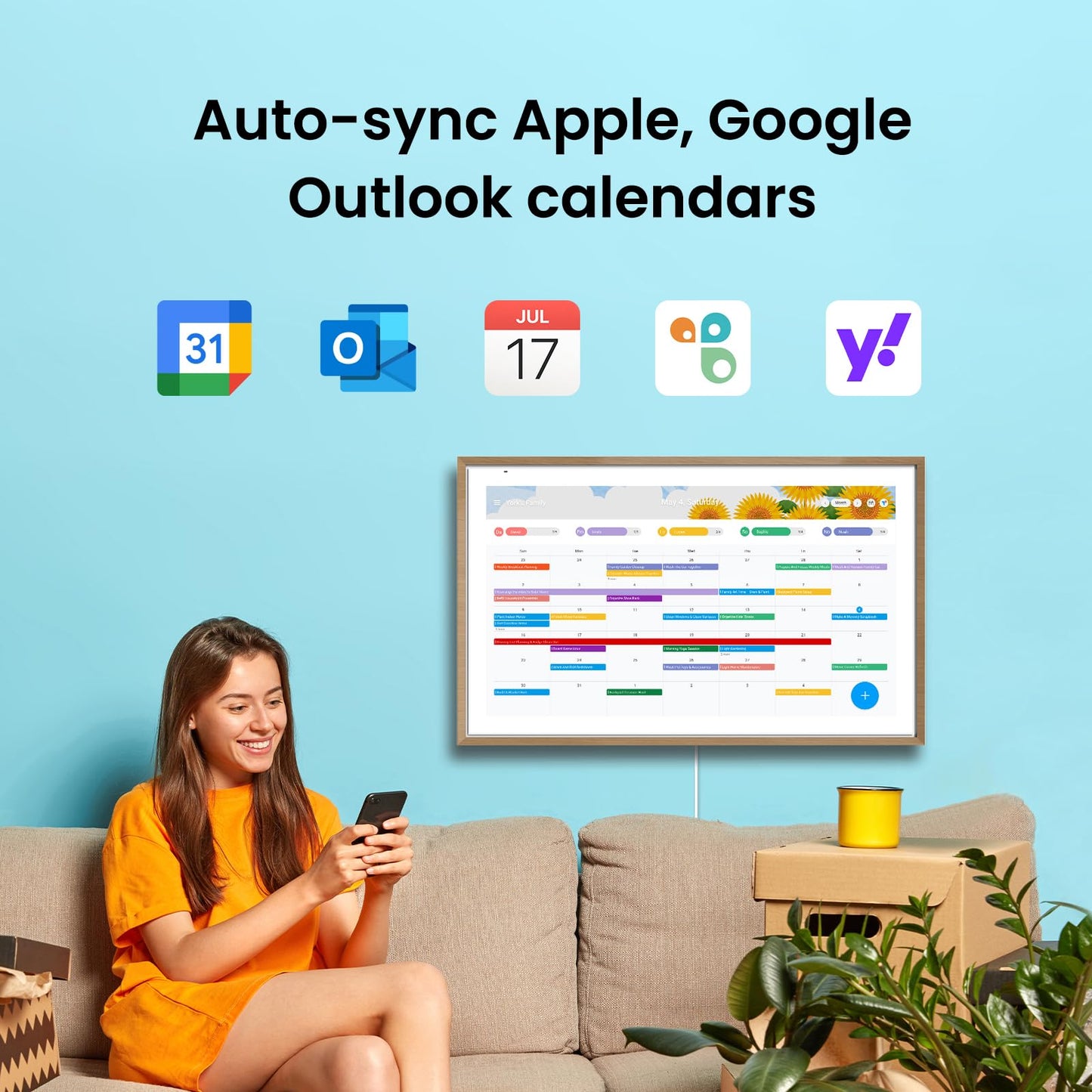 Apolosign 21.5-inch Digital Calendar : Dual Mode Smart Wall Planner, No Subscription, Install Apps, Sync Calendars, Electronic Touchscreen Interactive Display for Family Schedules, Chore Chart (Teak)
