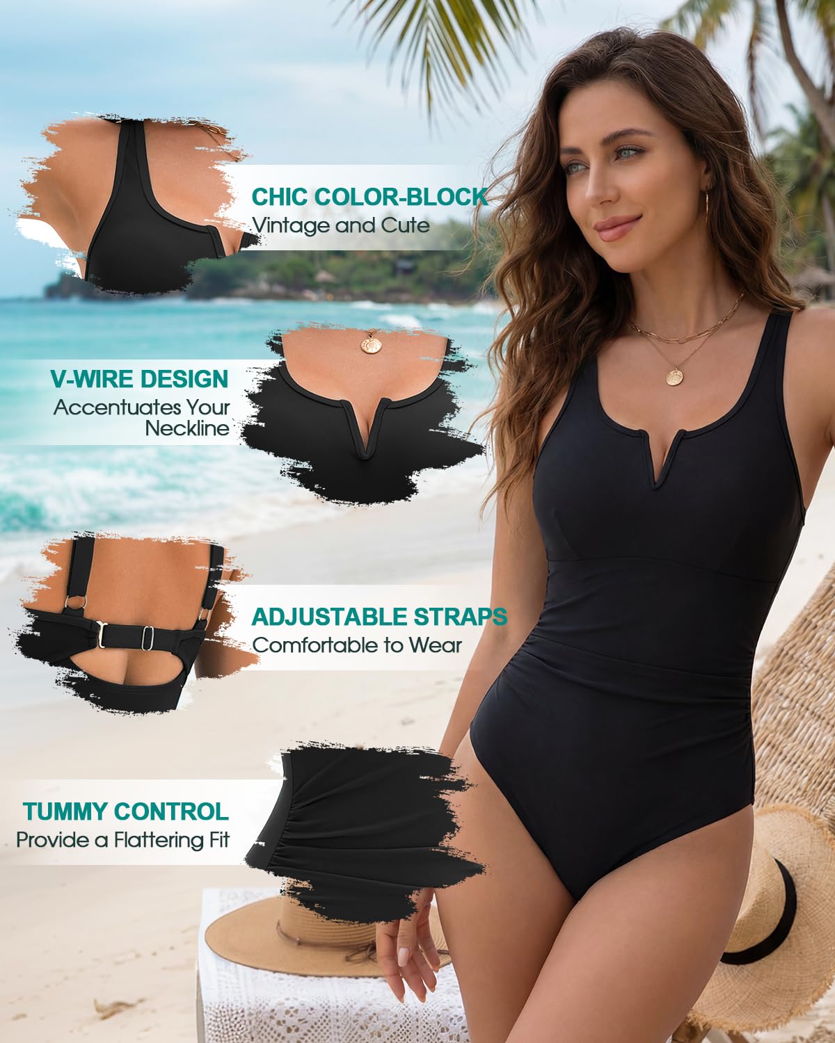 Century Star Women Tummy Control One Piece Swimsuit - Slimming Color Block Bathing Suit Sexy Summer Swimwear 2026 Black Medium
