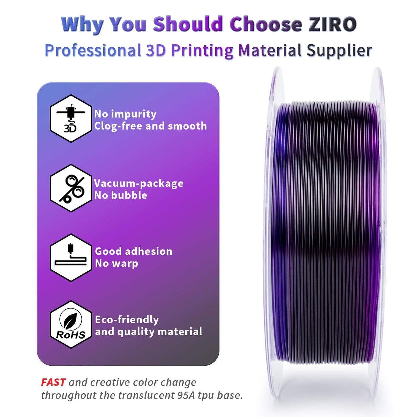 ZIRO TPU Filament 1.75mm, Shore 95A Hardness TPU, Flexible Fast Color Change Filament, Compatible with Most FDM Printers, Colorful and Soft 3D Printing Material, 0.8KG/ 1.76lbs Spool, Flex Nightsky