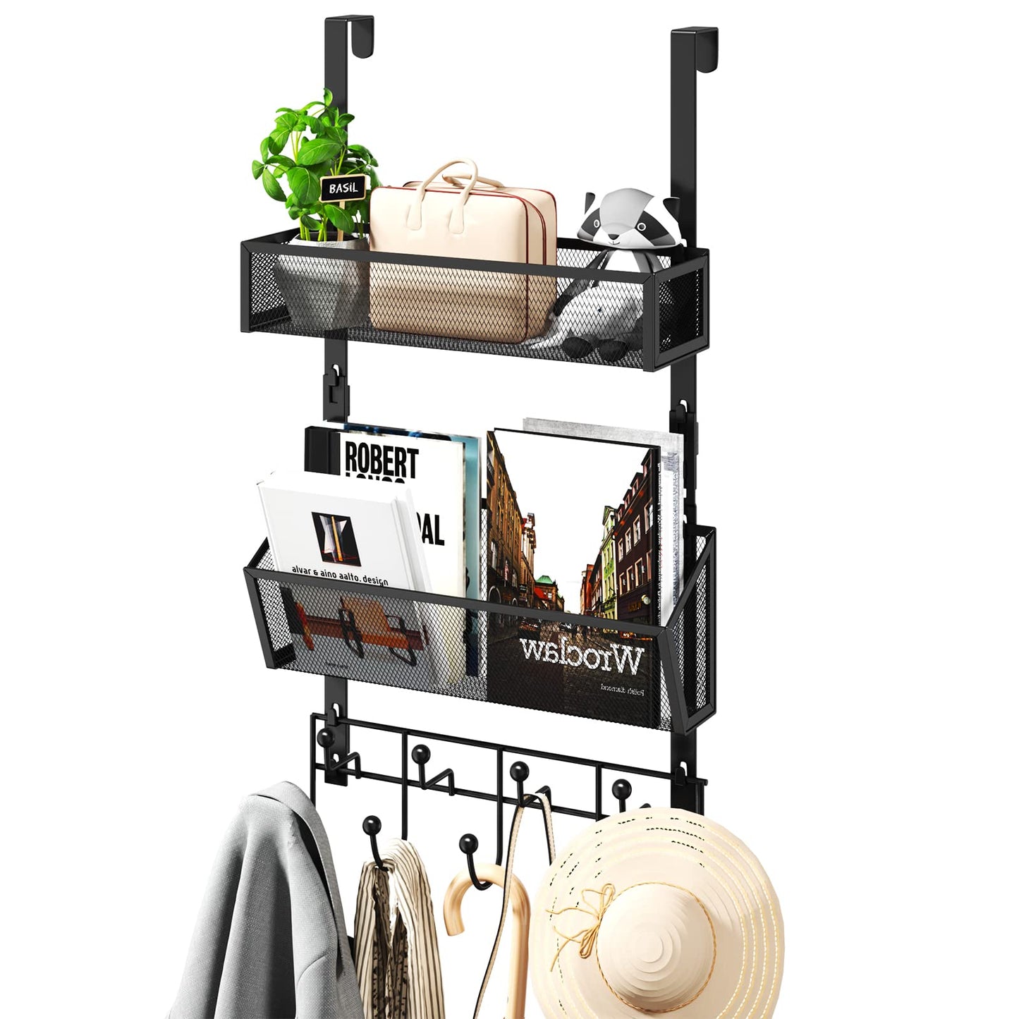 HapiRm Over The Door Hooks with 9 Hooks and 2 Baskets, Rustproof & Waterproof 304 Stainless Steel Door Hanger, Storage Organizer for Bathroom, Kitchen, Bedroom-Black (for 1.57in Doors)