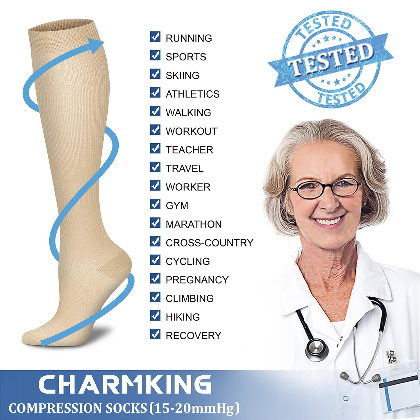 CHARMKING Compression Socks for Women & Men (8 Pairs) 15-20 mmHg Graduated Copper Support Calf Socks are Best for Pregnant, Nurses - Boost Performance, Circulation, Knee High Wide Calf(L/XL, Multi 52)