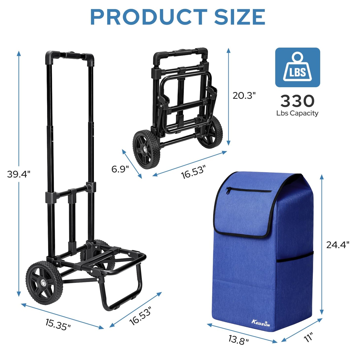 KEDSUM 2 in 1 Shopping Carts for Groceries, 330 lbs Grocery Cart on Wheels, Foldable Utility Carts with Wheels, Load-Bearing Hand Truck with Waterproof Bag for Shopping, Camping, Laundry, Garden, Blue