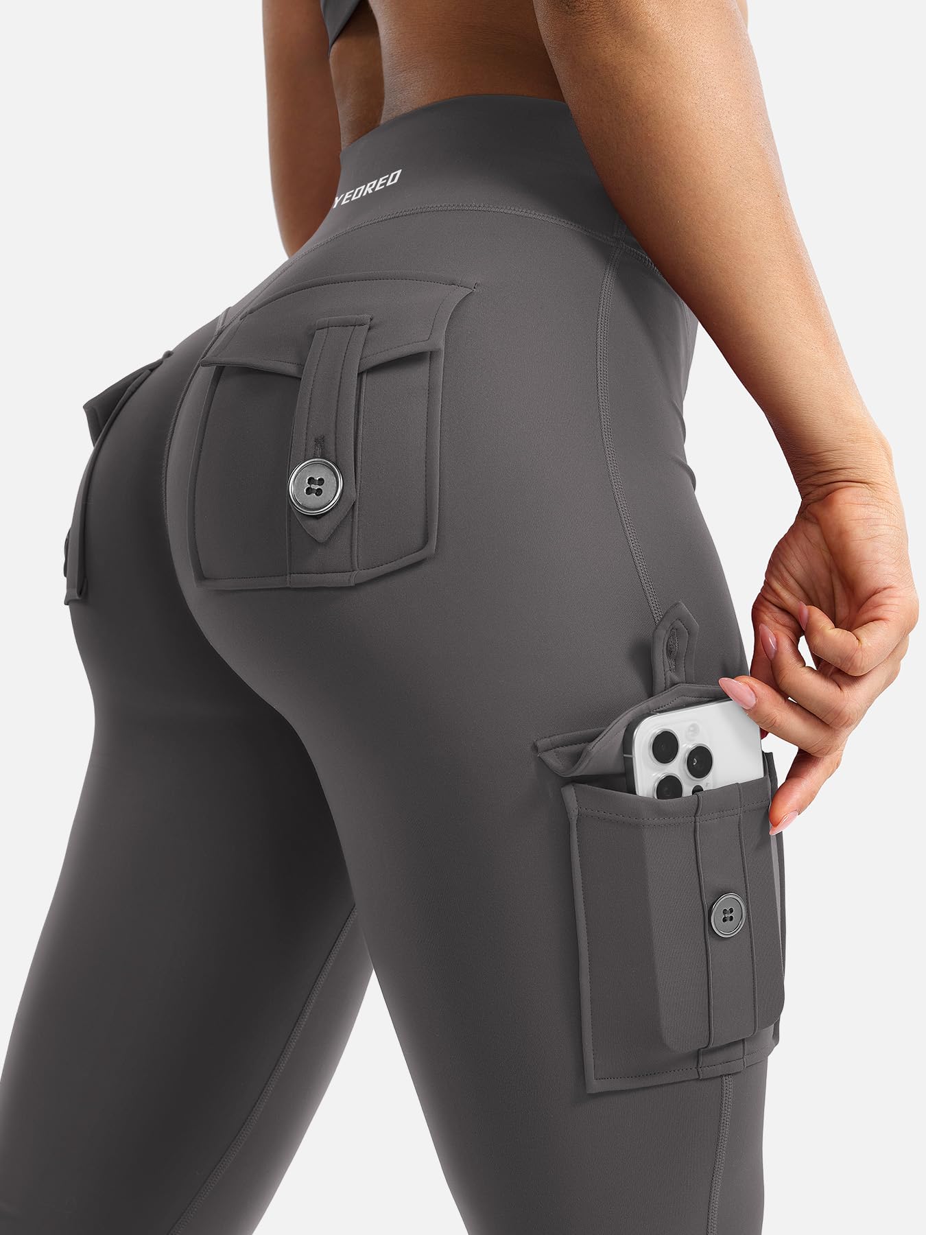 YEOREO CoreFlex Women Workout Flare Leggings with Pockets Hidden Scrunch Cargo Gym Yoga No Front Seam Leggings Dark Grey XL