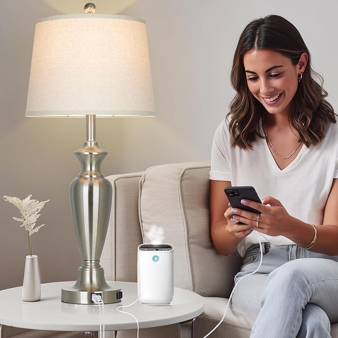 30" Tall Silver Table Lamp for Living Room, 3-Way Dimmable Touch Control Bedside Lamp for Bedroom Nightstand with USB A+C Ports & AC Outlet (1 Pack)