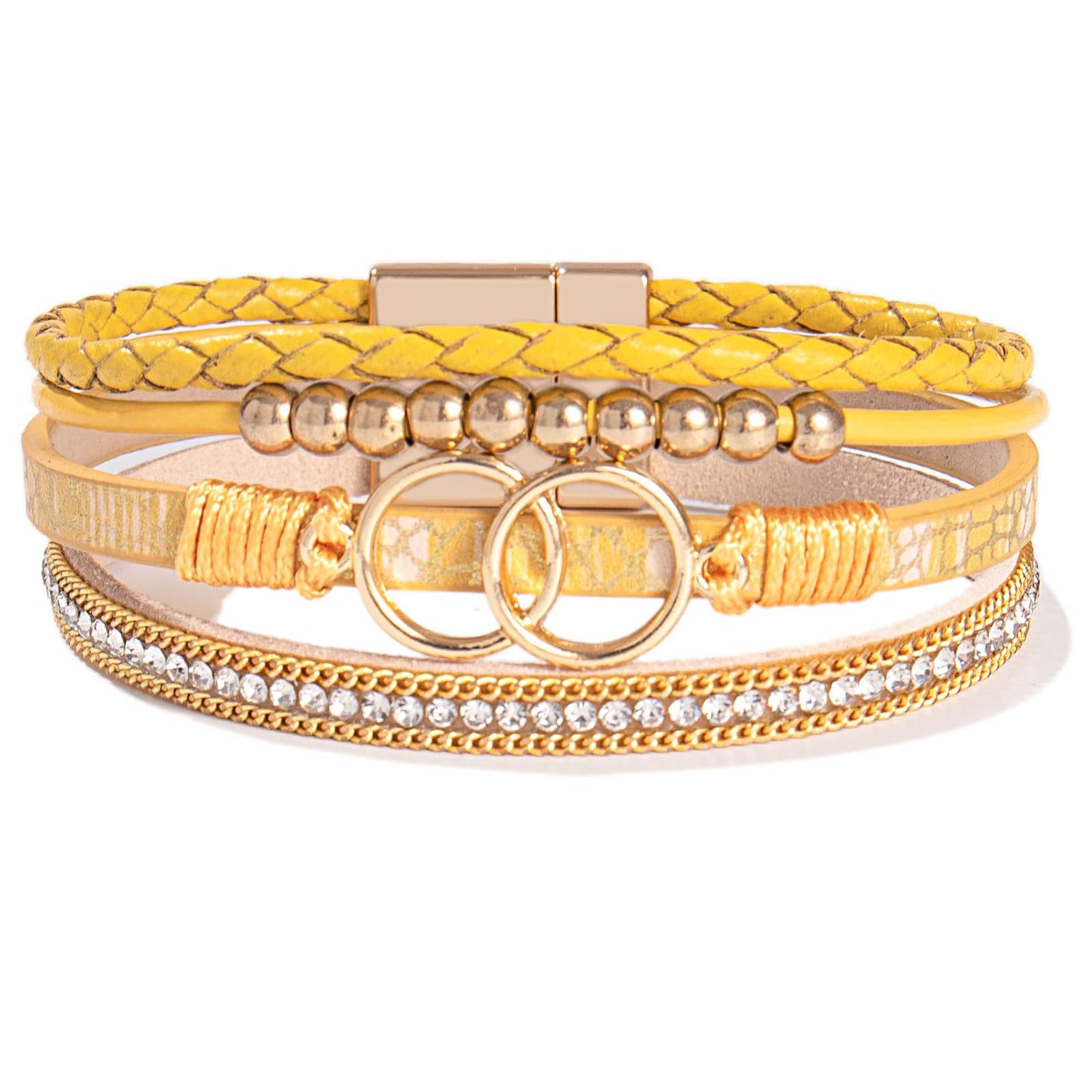 FANCY SHINY Boho Leather Wrap Bracelet Stackable Beaded Infinity Chunky Cuff Bracelets with Magnetic Clasp Western Hippie Outfits Jewelry Gifts for Women(Yellow)