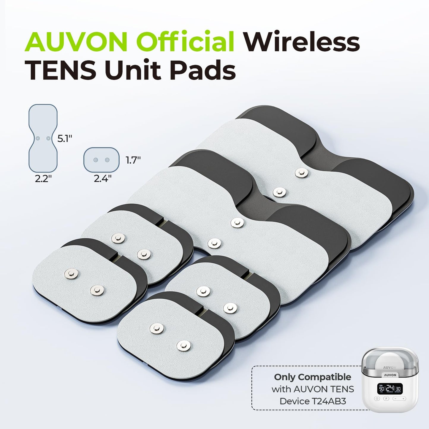 AUVON Official Wireless TENS Unit Electrode Pads Only Compatible with AUVON Wireless TENS Device TX6224, 12-Pack Reusable TENS Unit Replacement Pads in 2 Sizes, Premium Stickiness & Skin Friendly