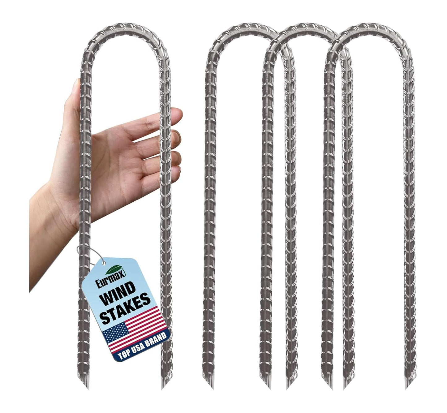 Eurmax USA 12" Windproof Trampoline Stakes,Rust-Proof Galvanized Steel U-Shape Ground Anchor,Commercial Tent Stakes for High Winds,Secure Anti-Flip Tie Down for Soccer Goals,Swing Sets,Fences&Playsets