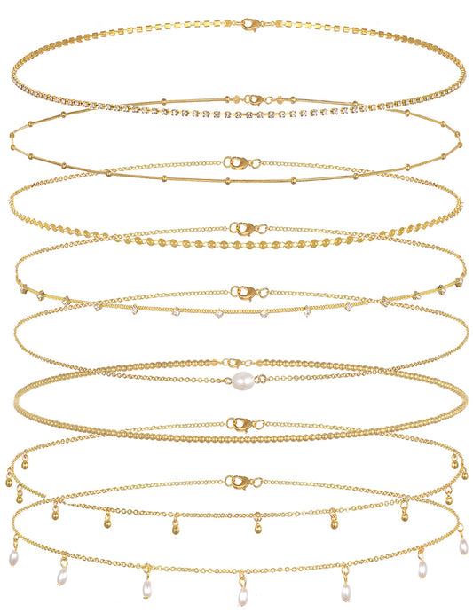 Tornito 8Pcs Waist Belly Chain 18K Gold Plated CZ Pearl Bead Belly Chain Summer Beach Sexy Body Chains Jewelry Accessories for Women Adjustable