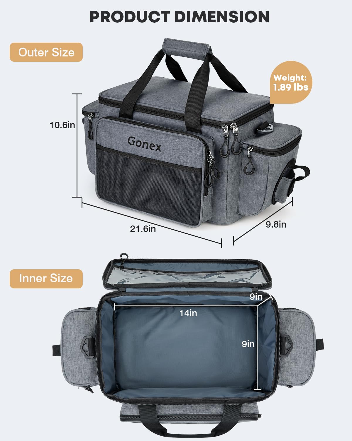 Gonex Fishing Tackle Bags for Saltwater & Freshwater, Fishing Gear Storage Bag with Water Resistant Bottom Suitable for 3600 3700 Size Tackle Box (Grey)