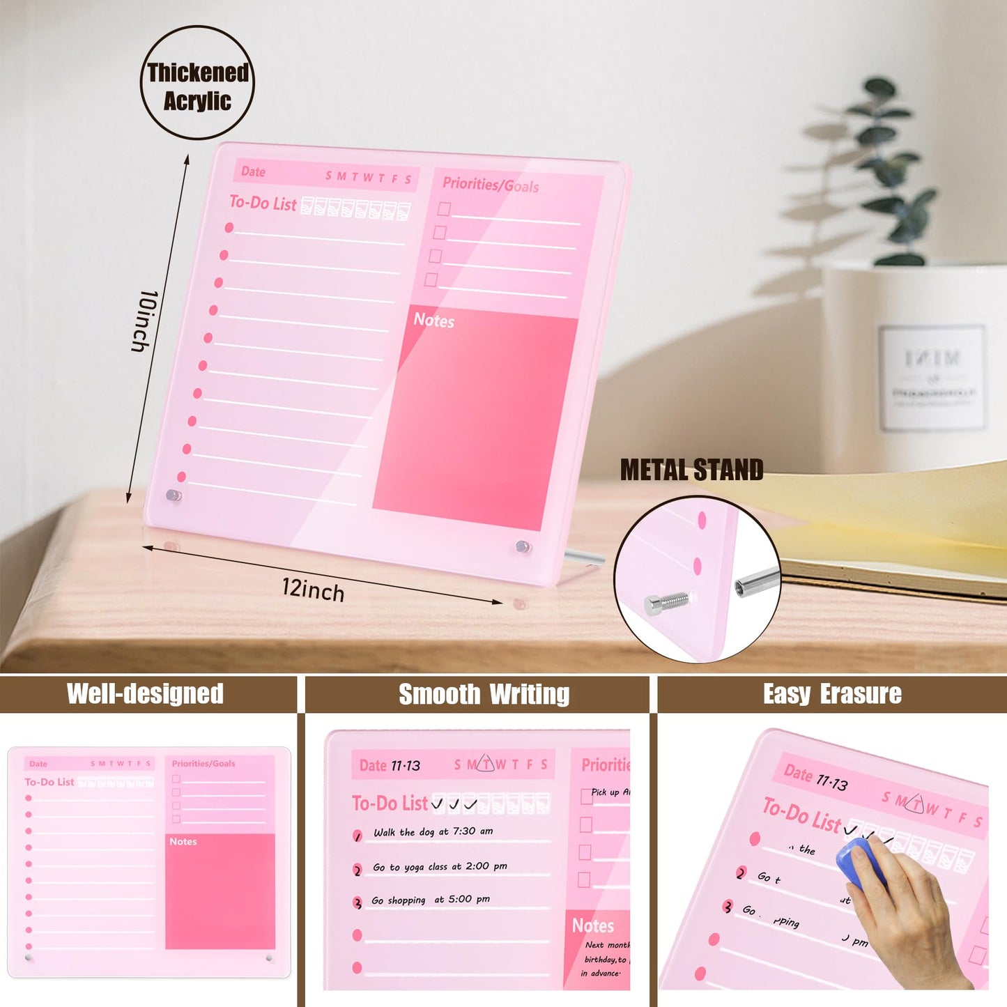 Desktop Thickened Acrylic Dry Erase Board to do List Planner Board，12"x10"，Tabletop Whiteboard with Stand，Frameless Pink Dry Erase White Board，for Office/Home/School