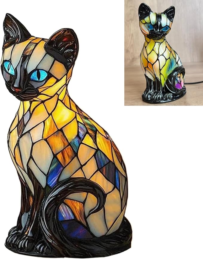 Cat Lamp, Stained Glass Cat Lamp, Decorative Resin LED Night Light for Cat Lovers, USB Vintage 3D Table Lamp Cozy Glow for Desk & Mantel – Fun Gift for Pet Owners (Siamese Cat B)