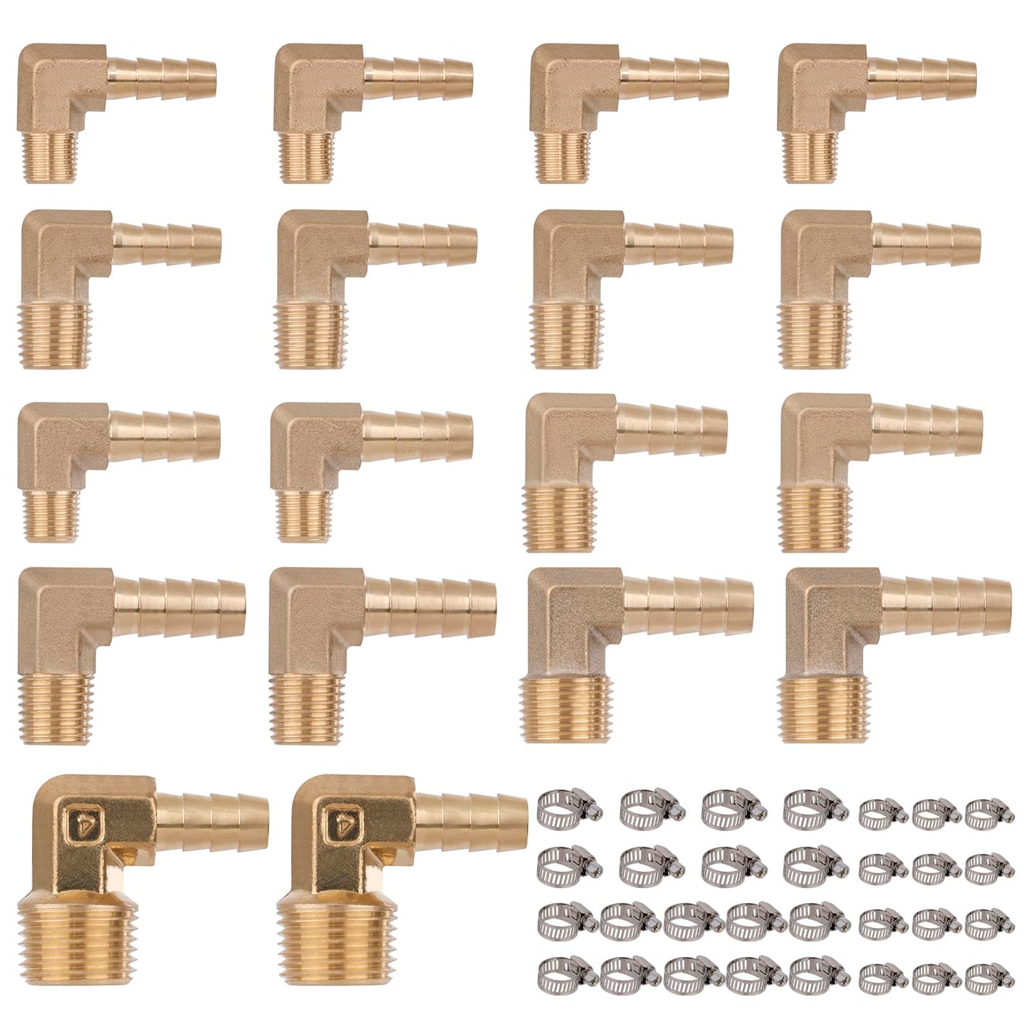 KOOTANS 18PCS Brass Hose Barb Fittings 90 Degree Elbow Barb to NPT Male Thread Adapter Kit 1/4" 5/16" 3/8" Barbed Air Hose Fittings with 30pcs Pipe Clamps for Water Fuel Air Line Connector Fitting