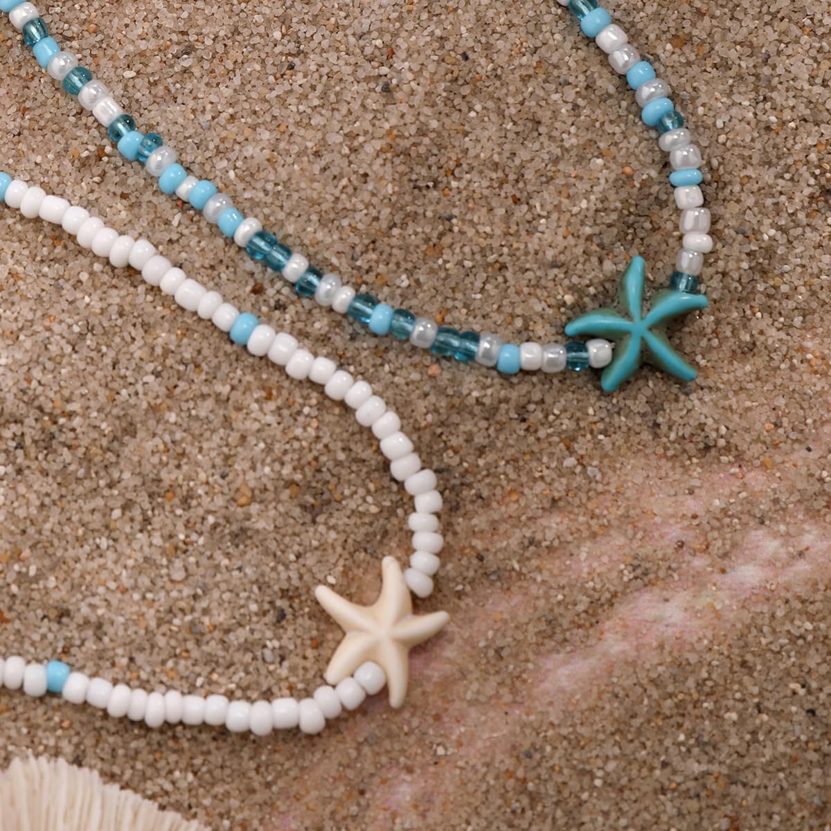 Sora Tuki Layered Starfish Necklace Beach Jewelry for Women Seashell Cowrie Puka Shell Necklaces for Women Beach Necklace Turtle Beaded Choker Necklaces Ocean Jewelry (2 - Beaded starfish)