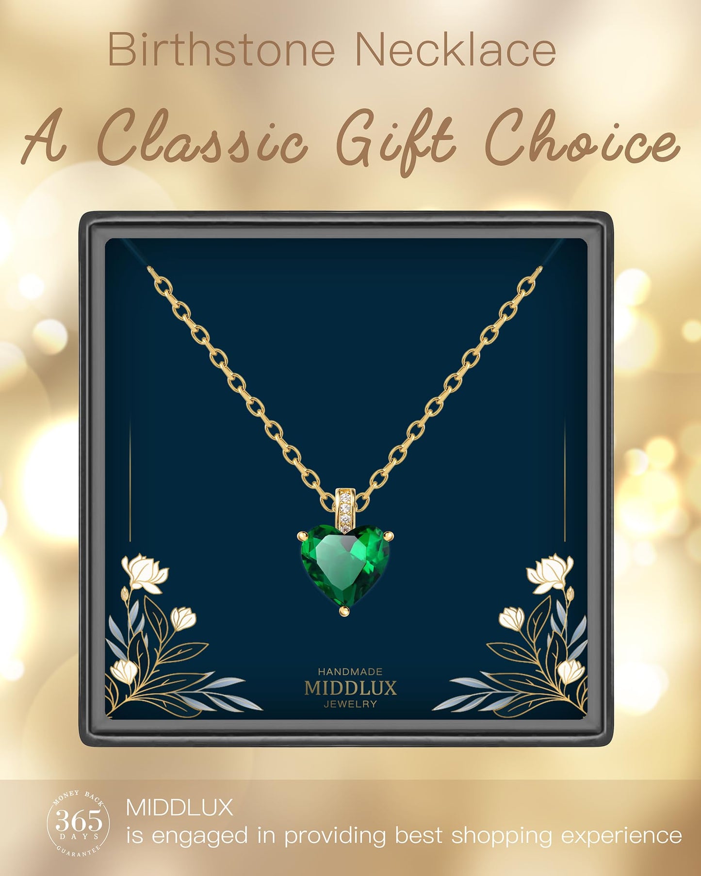 MIDDLUX Emerald Necklace, Emerald Jewelry, May Birthstone Jewelry, May Birthstone Necklace, Heart Necklace