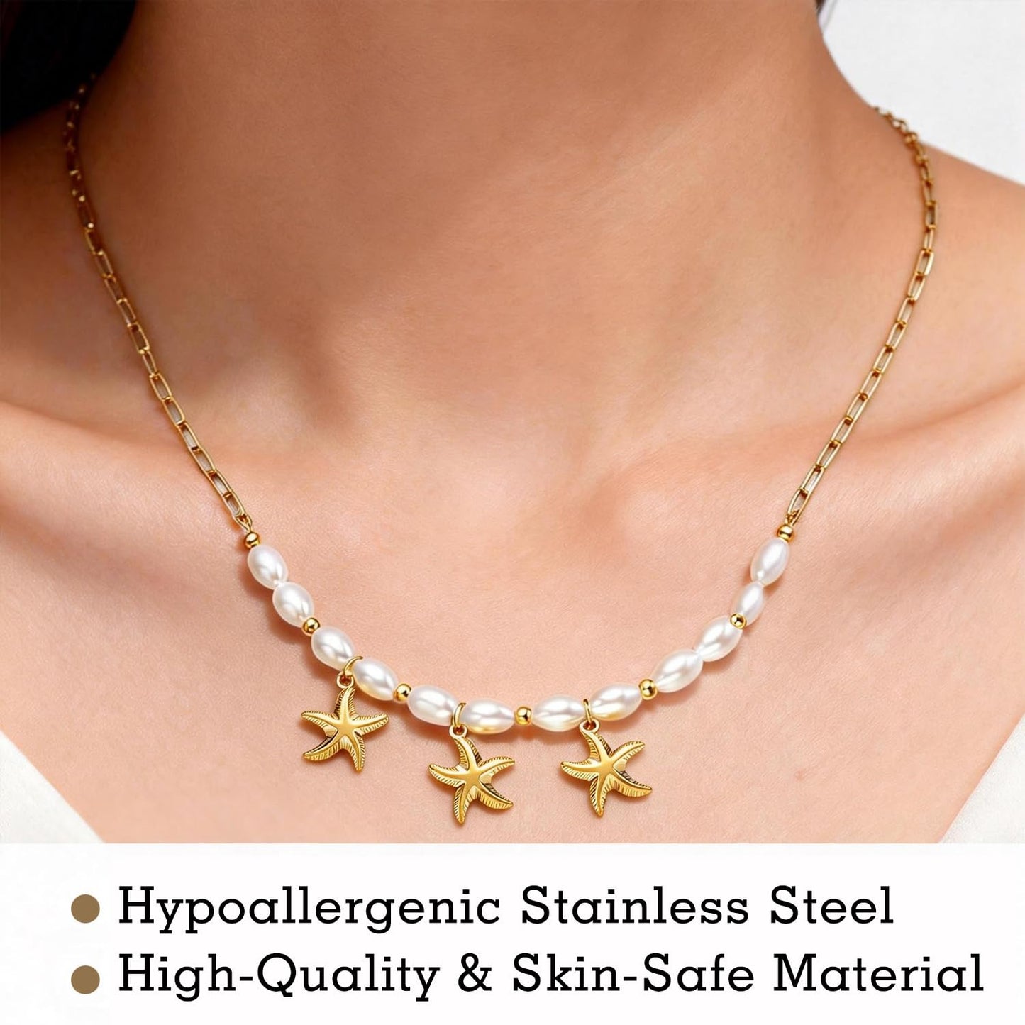 Starfish Necklace for Women: 14K Gold Plated 3-Piece Pendant with 10 Simulated Pearls on Stainless Steel Chain | Cute Boho Beach Jewelry Gift for Summer (Gold)
