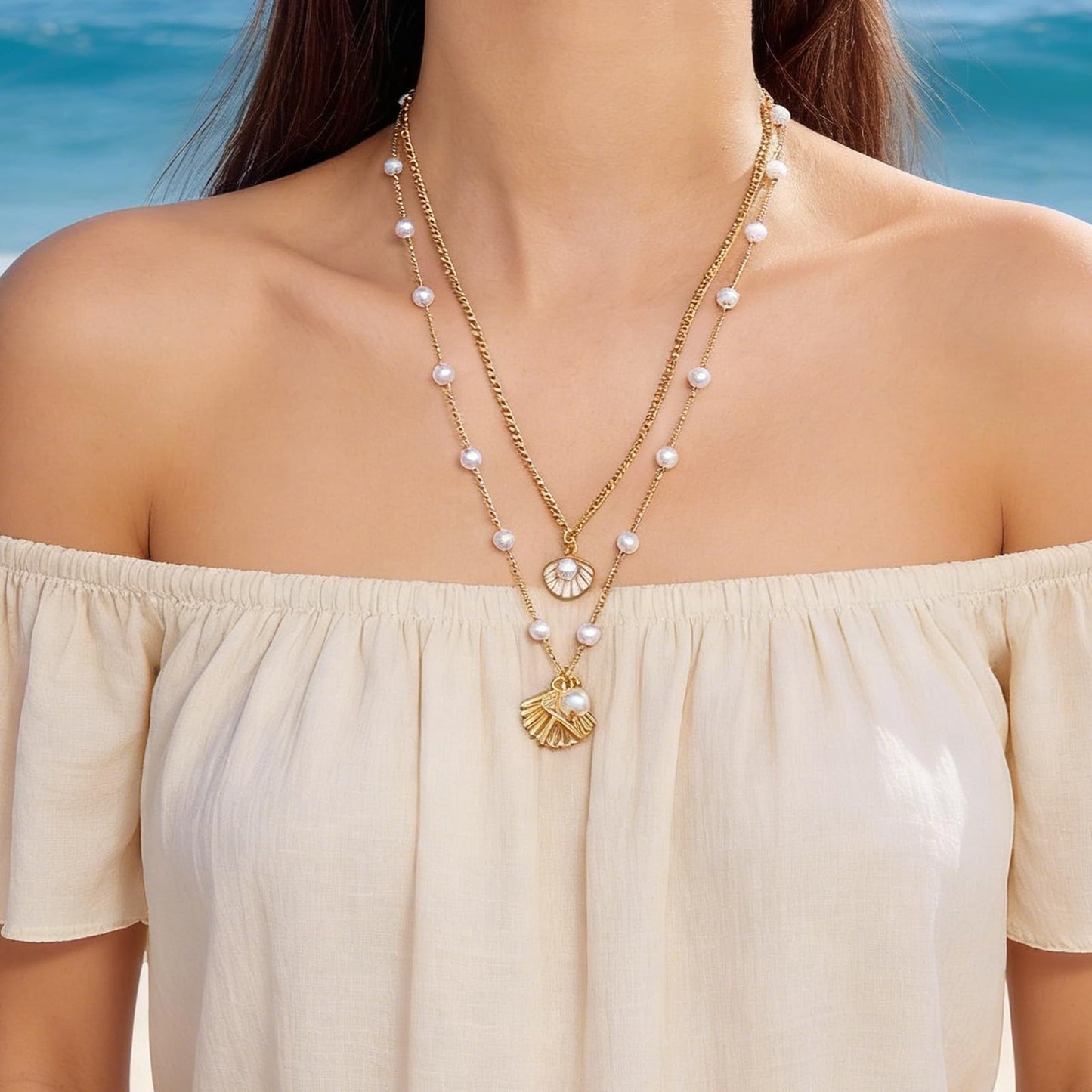 KummerSaprk Seashell Necklace Summer Vacation Jewelry for Women Gold Beachy Necklace Stack Starfish Flower Cowrie Sea Shell Pendant Necklaces Summer Essentials Accessories Gifts