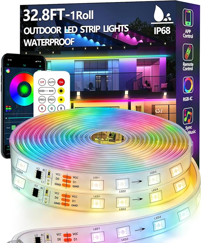 32.8FT Outdoor LED Strip Light Waterproof,IP68 Outside RGB+IC Light Strip with App/Remote Control,Chase Mode,Music Sync Rope Light for Balcony,Deck,Rooftop,Garden,Pool
