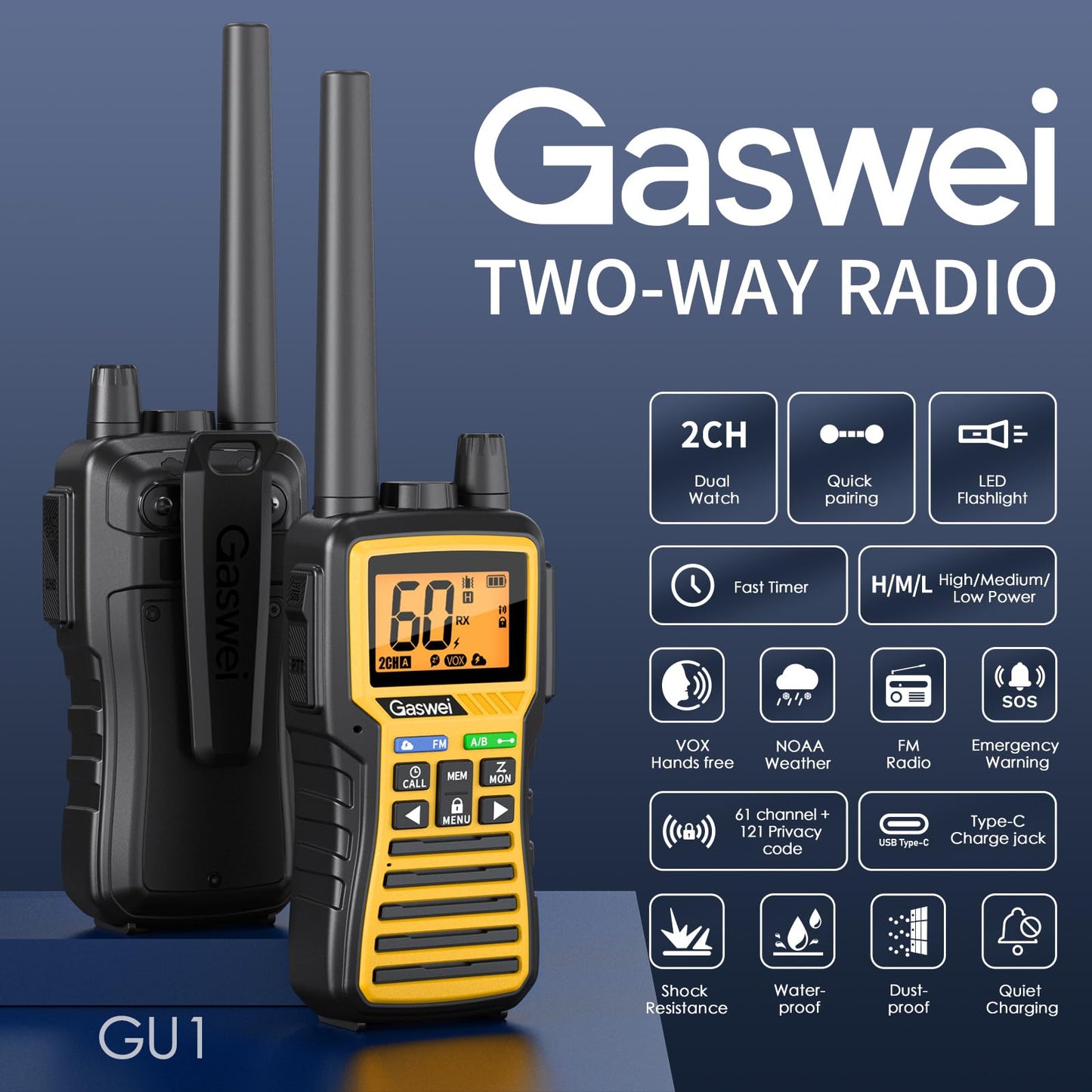Gaswei GU1 Long Range Walkie Talkies, 2 Way Radio Walkie Talkie with Flashlingts, 60 Channels & 121 Privacy Codes, NOAA Weather Alert, VOX, FM Radio, SOS for Job Site, Hiking, Camping (Yellow)