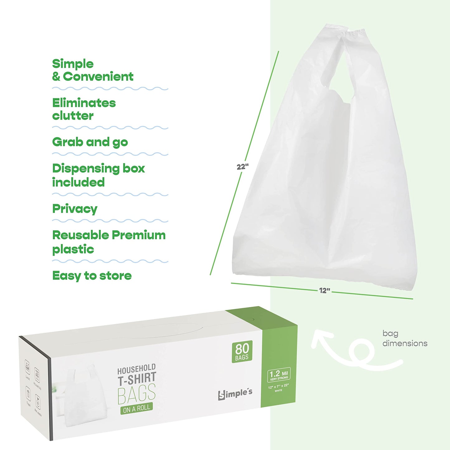 Simple's Plastic Bags with Handles For Small Business, (3 Pack=240 Bags) Shopping Grocery, Plastic T Shirts Bag, Dispenser Roll - Measures 12"x7"x22", 1.2 Mil Thickness