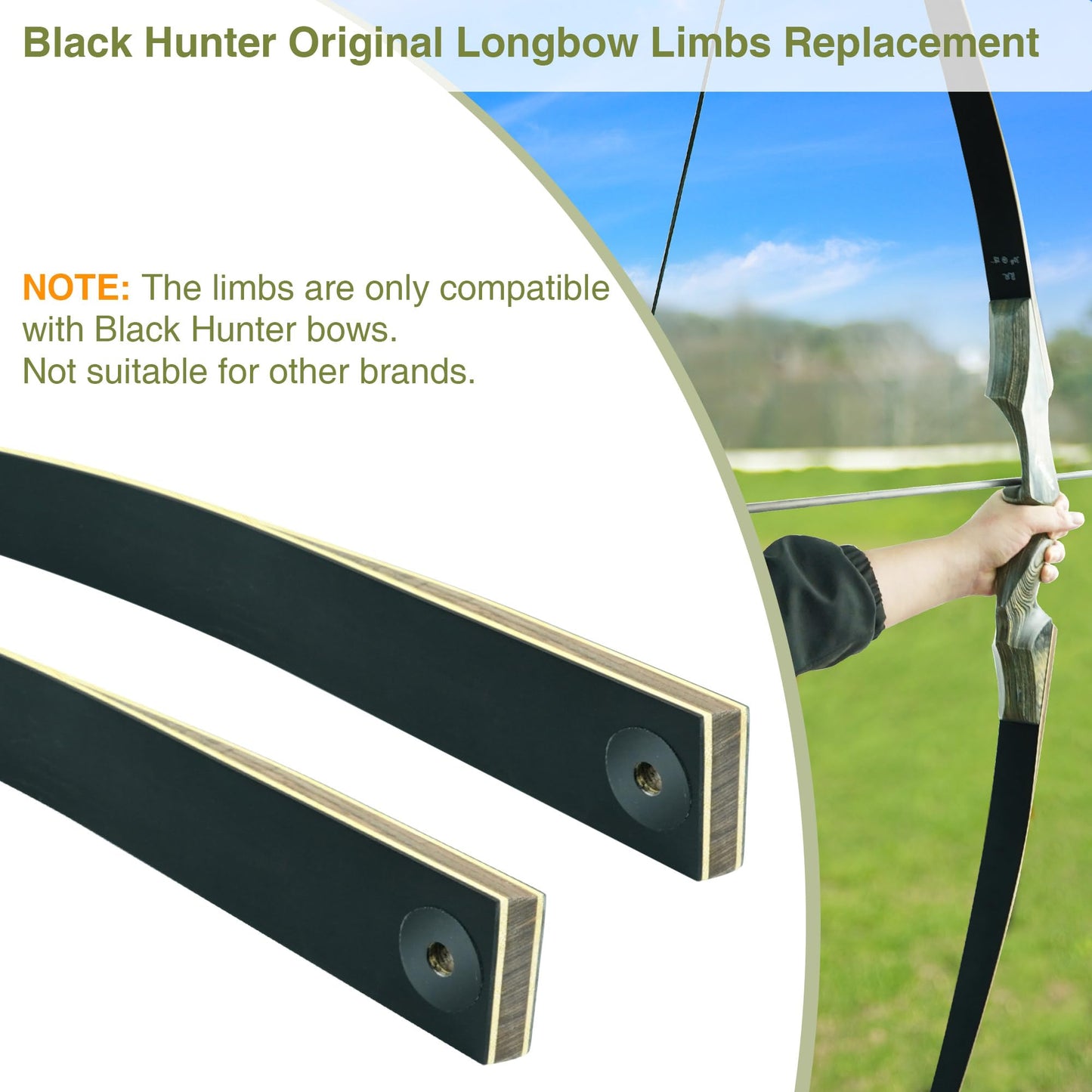 Black Hunter Original Takedown Longbow Limbs Replacement, GLURAK 45lb Fiberglass and Bamboo Sheet Laminated Bow Limbs