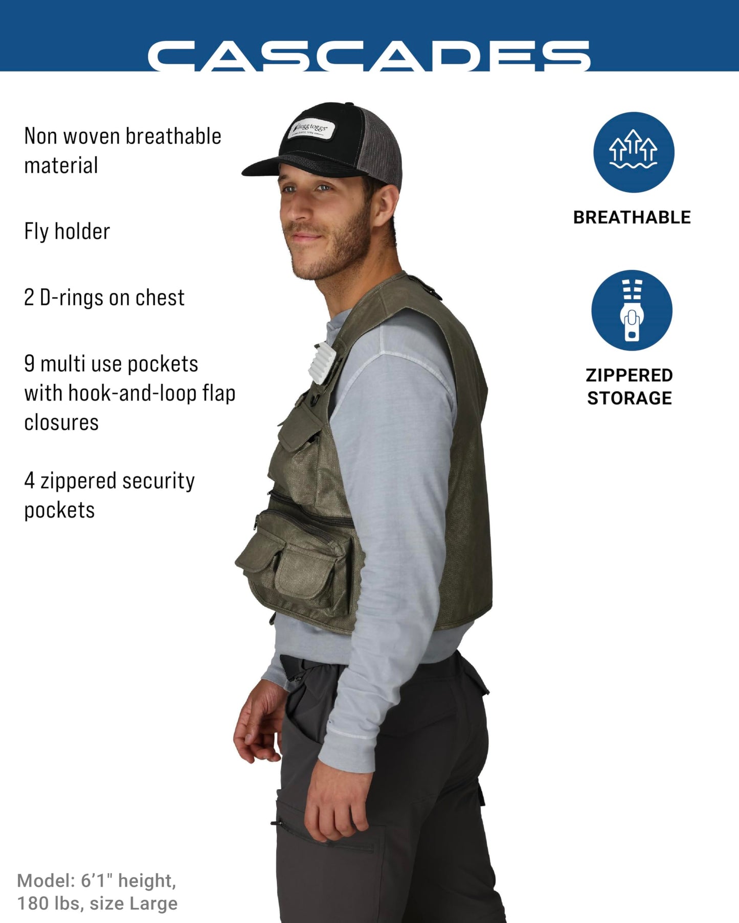 FROGG TOGGS Cascades Classic50, Lightweight and Breathable Fly Fishing Vest, Stone, Medium