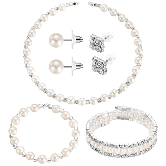 Glenmal Pearl Rhinestone Jewelry Set for Women Pearl Necklace Bracelet Earrings for Wedding Birthday Bridal Shower Tea Party(Charming Style)